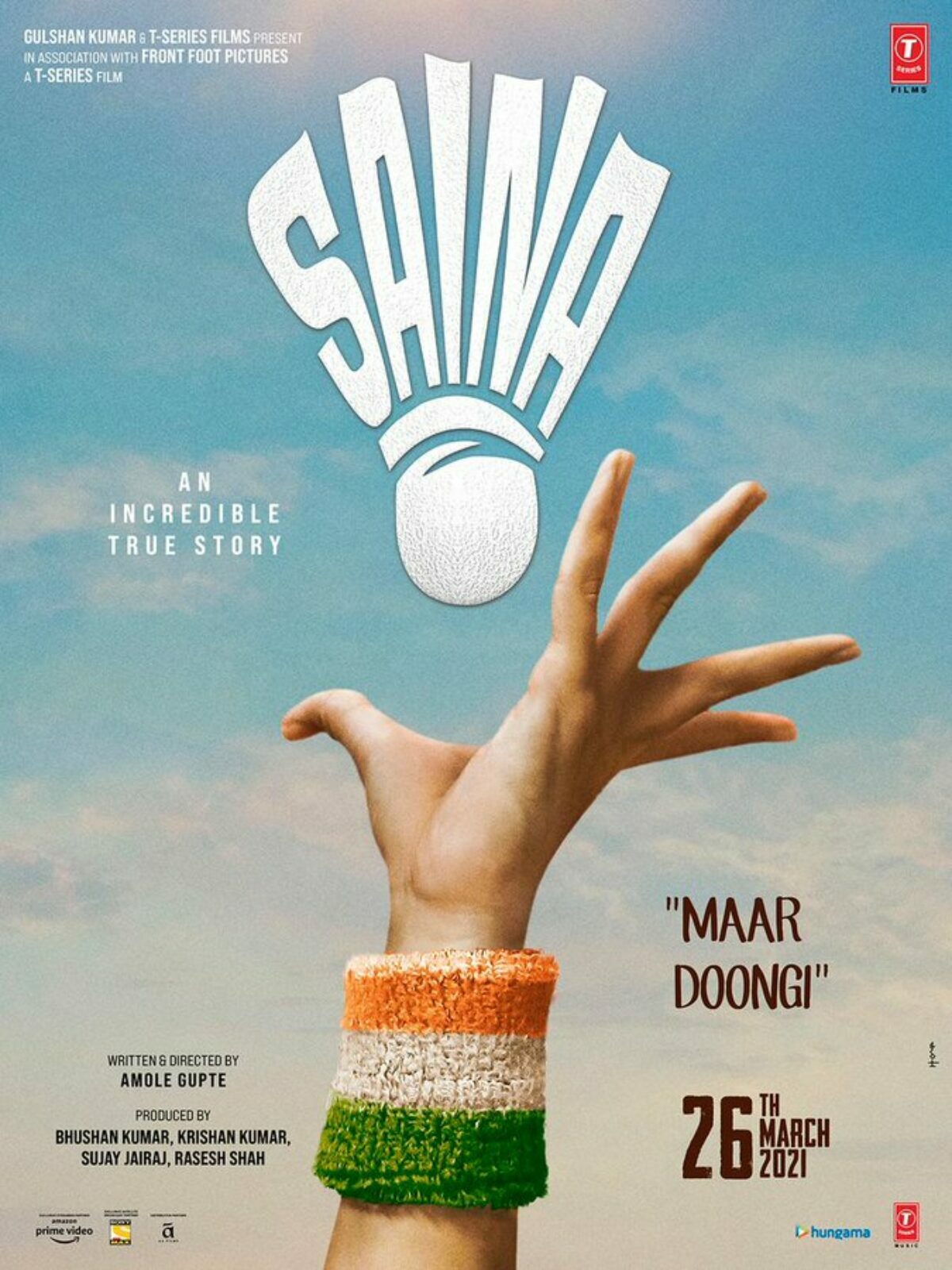 Saina film poster — a hand painted with the Indian flag held like a shuttlecock