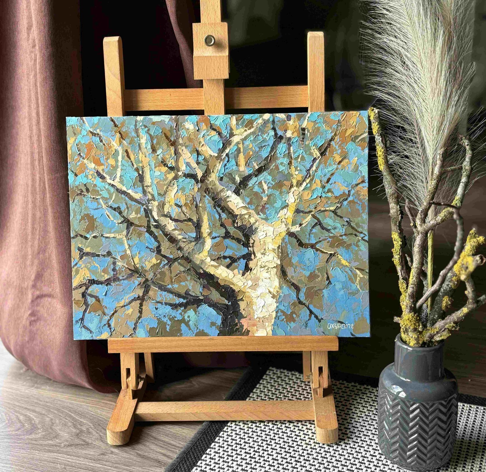 Tree oil painting, tree trunk abstract art, lonely tree knife painting, artist OXYPOINT Oxana Kravtsova