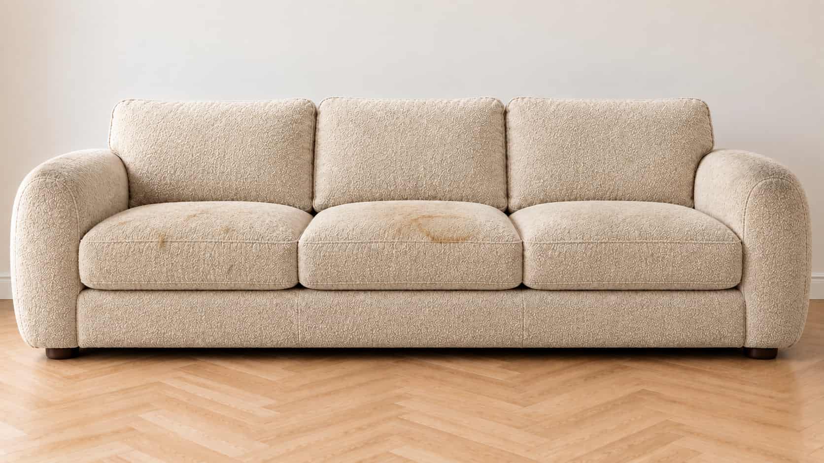 Symbolbild: beiges Boucl&eacute;-Sofa mit Kaffeefleck, grauen Armlehnen und Tierhaaren zwischen den Garnschlingen vor der Reinigung.