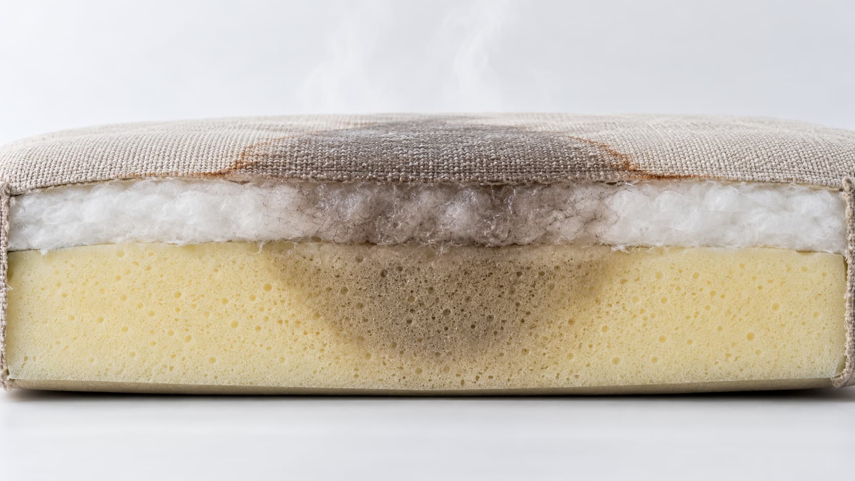 Polster-Querschnitt nach dem Dämpfen – Shikardos Reinigung Symbolbild: Querschnitt durch ein Sofapolster nach dem Dämpfen – Feuchtigkeit und gelöster Schmutz sind durch Bezug und Vlies bis in den Schaumstoff gezogen. Shikardos Reinigung aus Frankfurt zeigt, warum Dampf ein Polster nicht in der Tiefe reinigt.