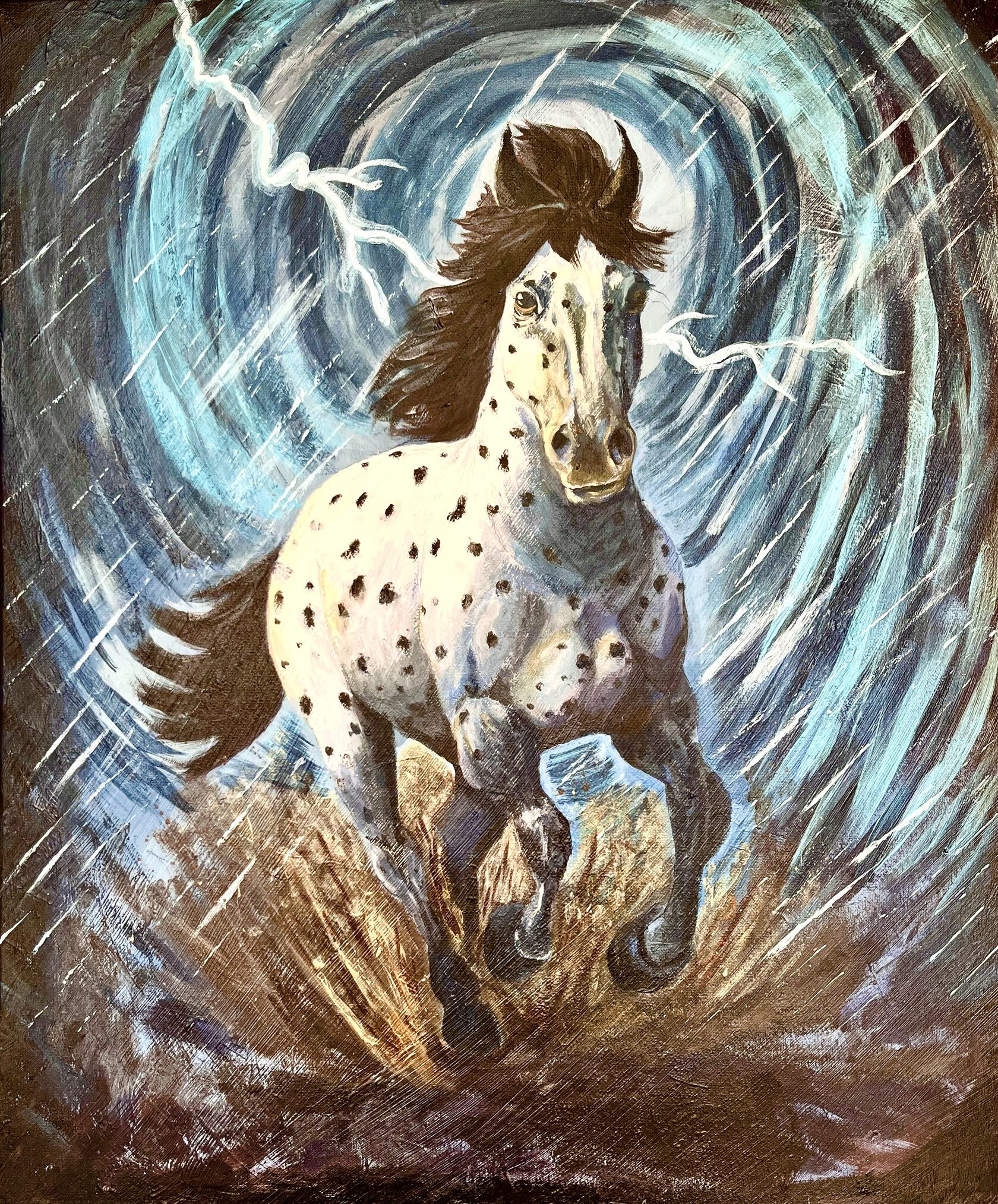 Eye of the Storm: a charging spotted Appaloosa surrounded by swirling blue storm and lightning.