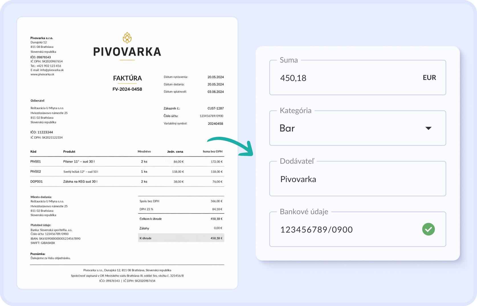 Faktúra v Dishboarde s automaticky rozpoznanými poľami — dodávateľ, IČO, DIČ, IČ DPH, suma a DPH