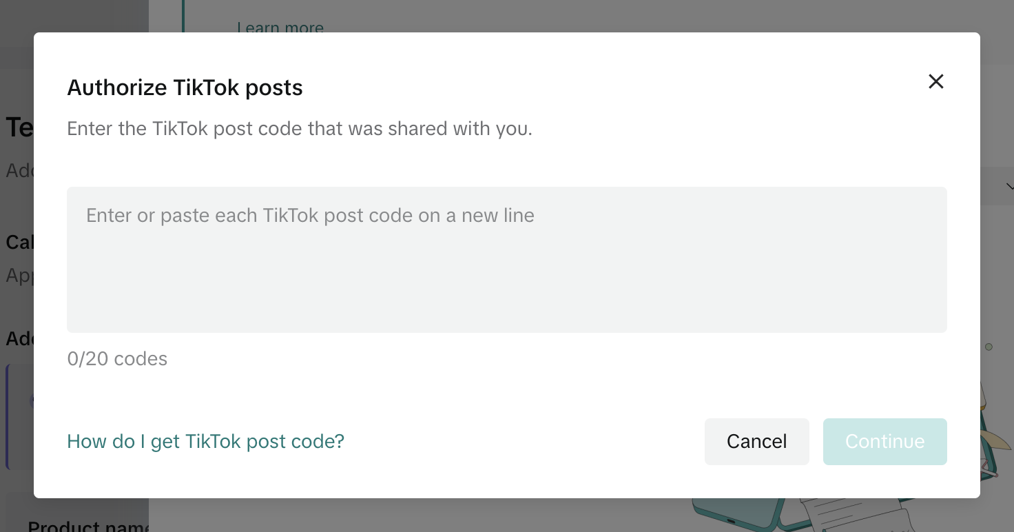 Окно Authorize TikTok posts для ввода кодов авторизации в TikTok Ads Manager
