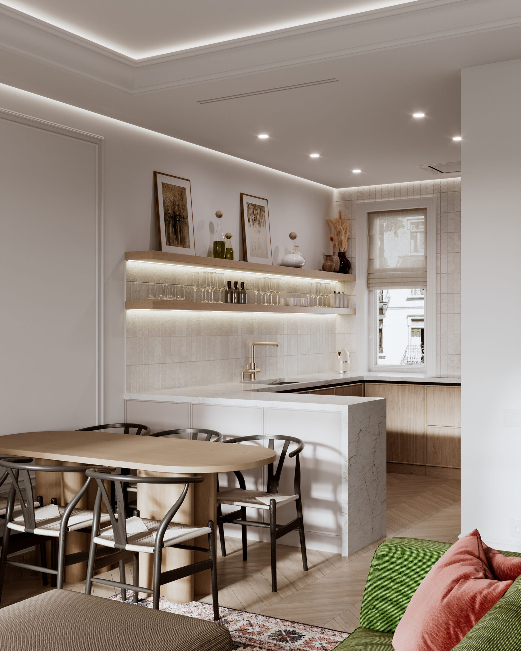 Natural-material living and dining interior from the InsideOut design portfolio
