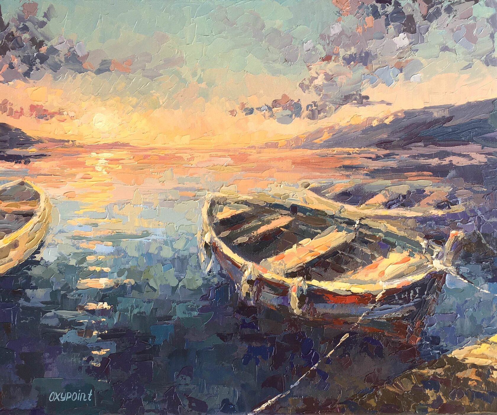 Boats at sunset oil painting, sea abstract art, seascape knife painting, artist OXYPOINT Oxana Kravtsova, painting for sale 