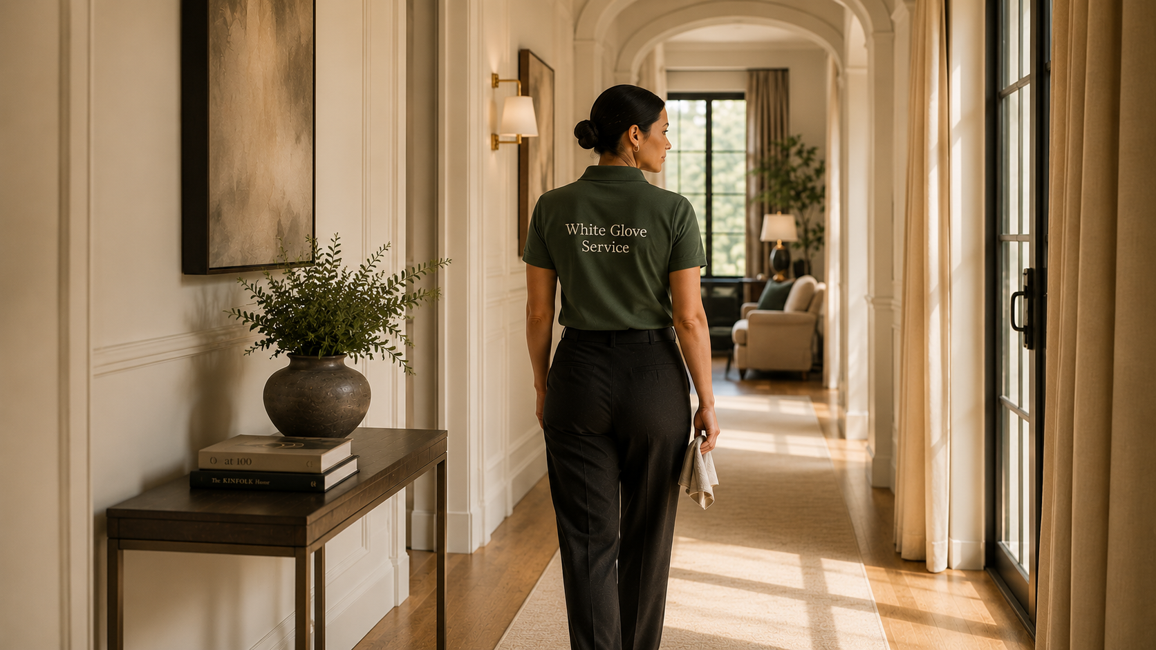 A Maison Atlanta housekeeper walking through a sunlit residence