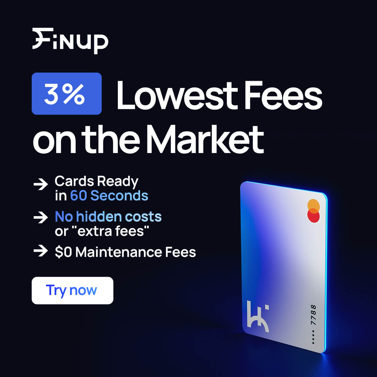 Finup English-language square ad highlighting fees and virtual card setup