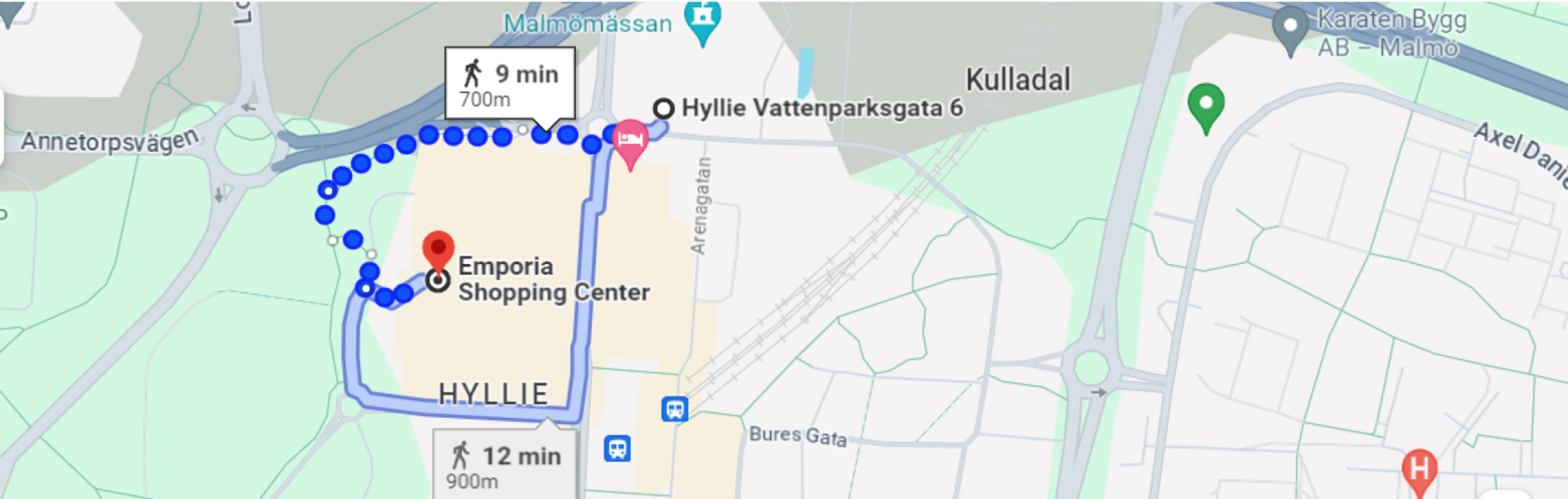 Route to Emporia Shopping Mall Food Court, Google map screenshot.