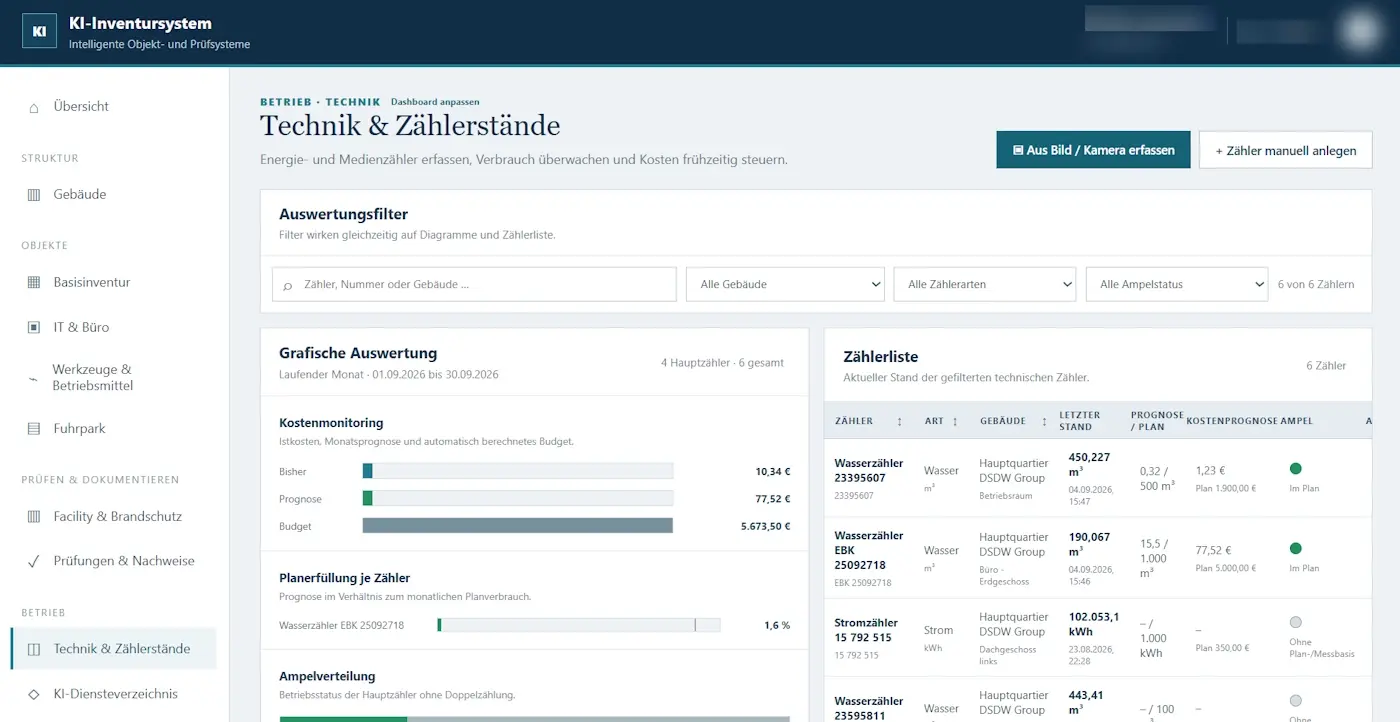 Dashboard für Technik, Inventar und Messungen im intelligenten Objekt- und Prüfsystem