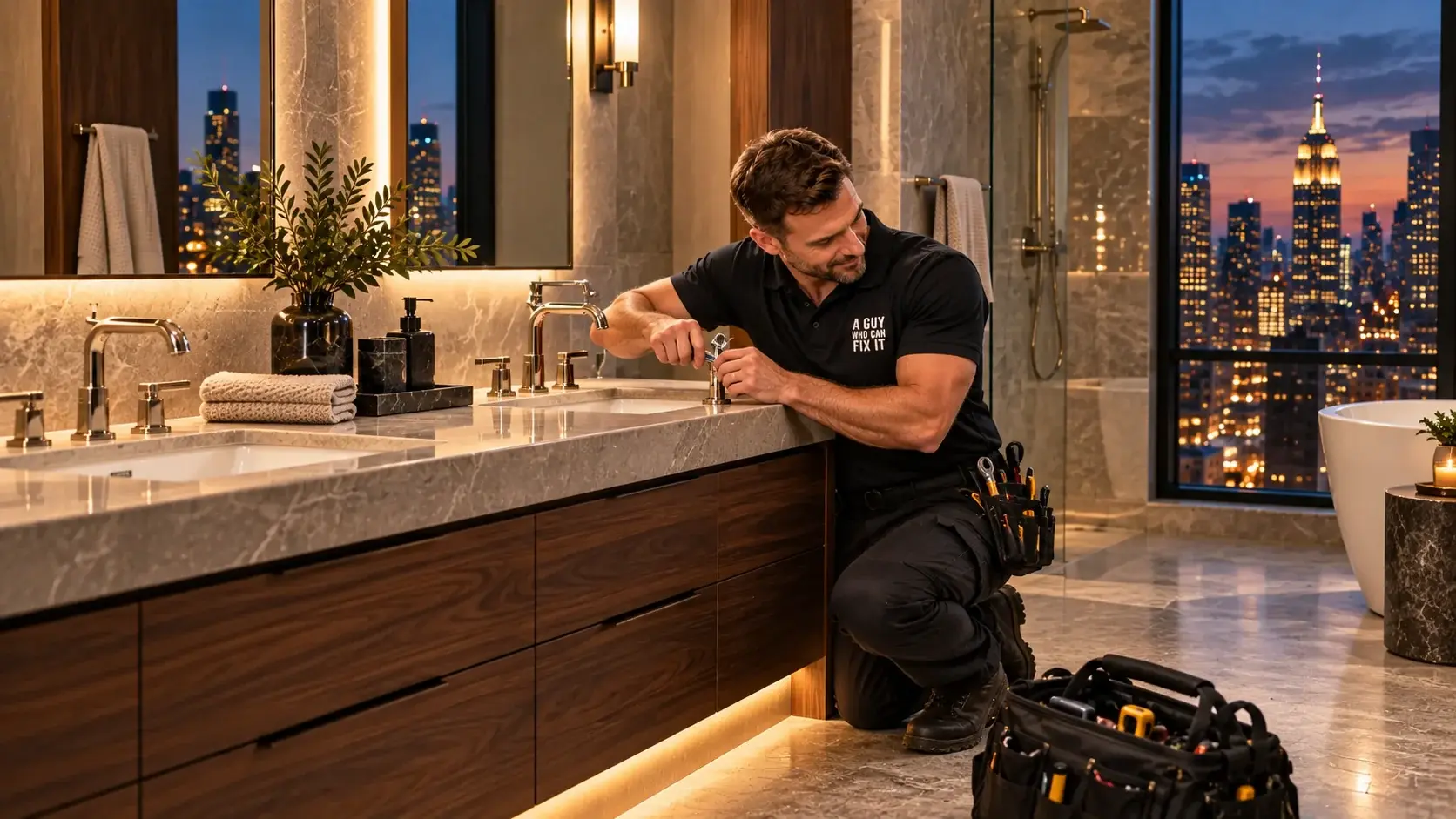 A Guy Who Can Fix It technician replacing a nickel faucet at a double vanity in a modern Manhattan bathroom