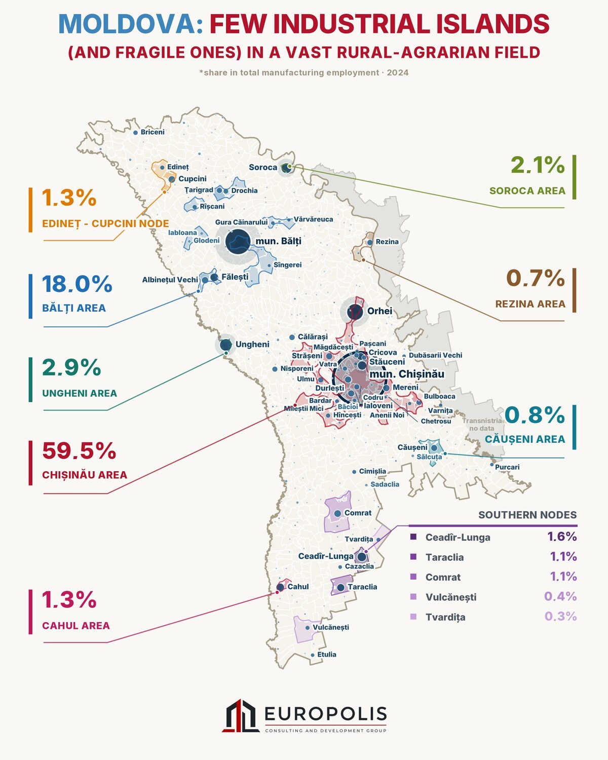 Map: Moldova's manufacturing industry, share of each area in total manufacturing employment, 2024