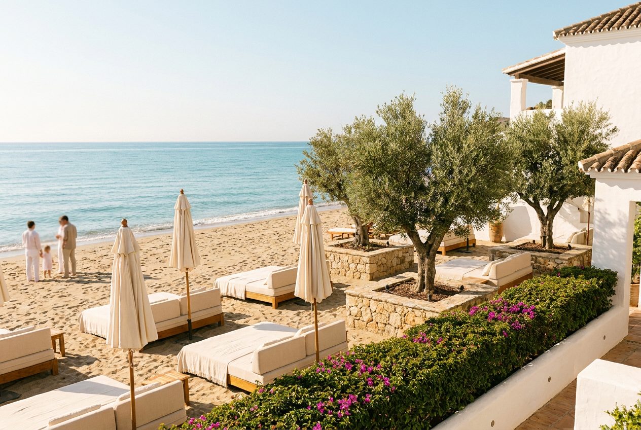 Club de playa con camas de lino en la Costa del Sol