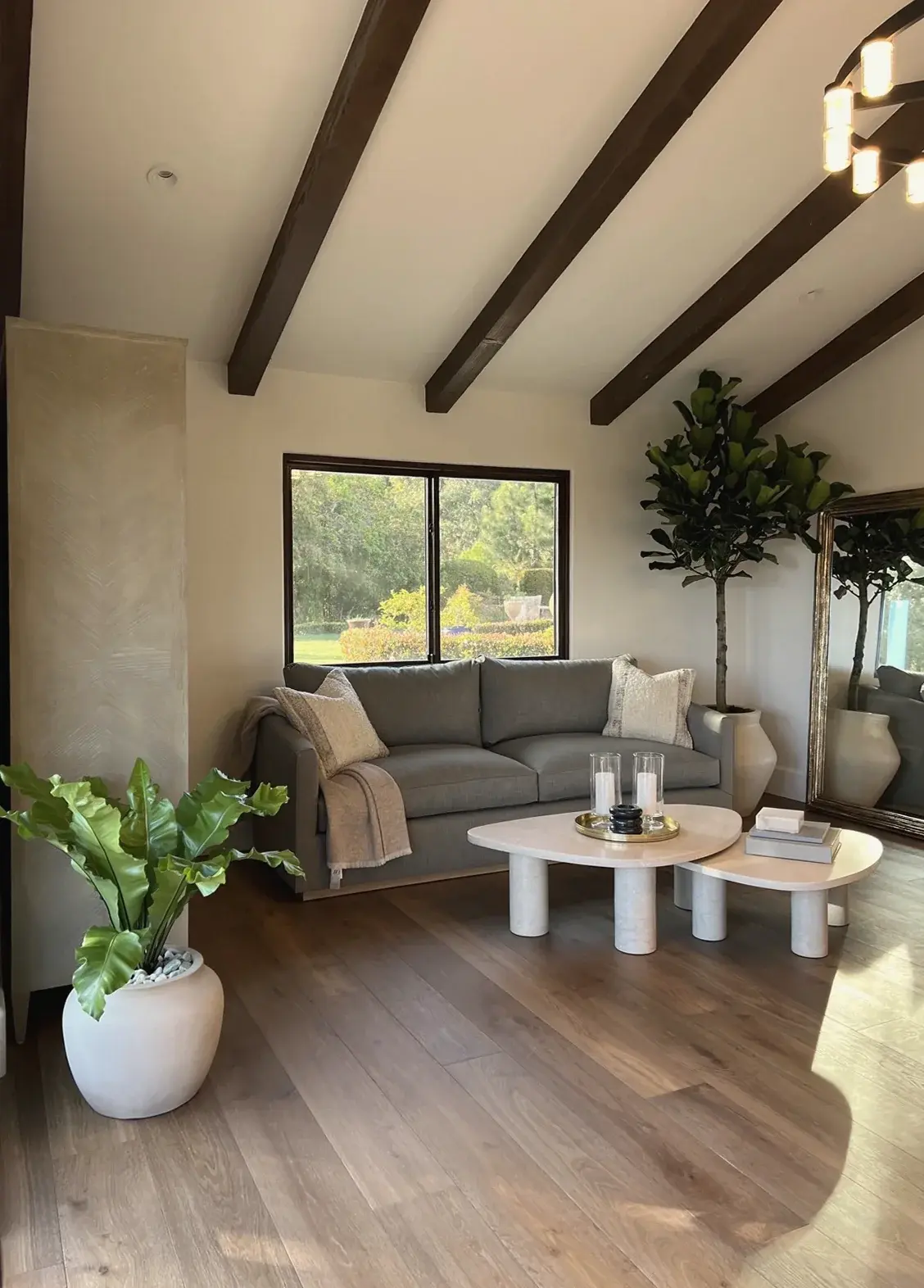 Living room under a beamed ceiling with a fiddle-leaf fig and a pothos on the floor