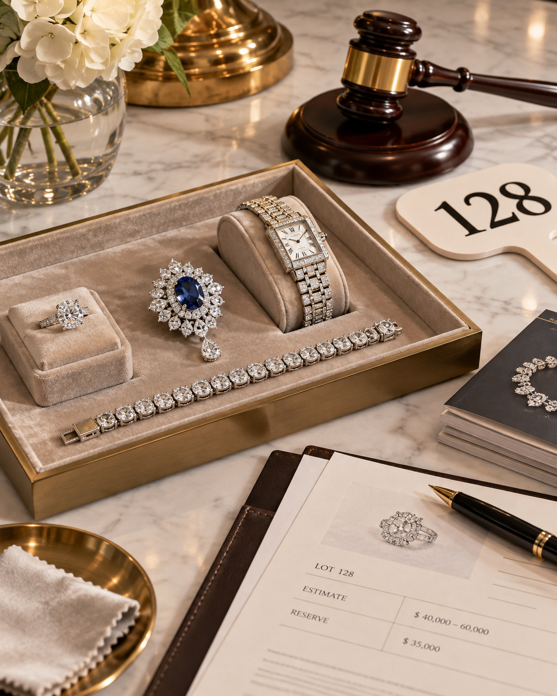 Luxury jewelry prepared for auction with lot estimate, reserve and auction gavel