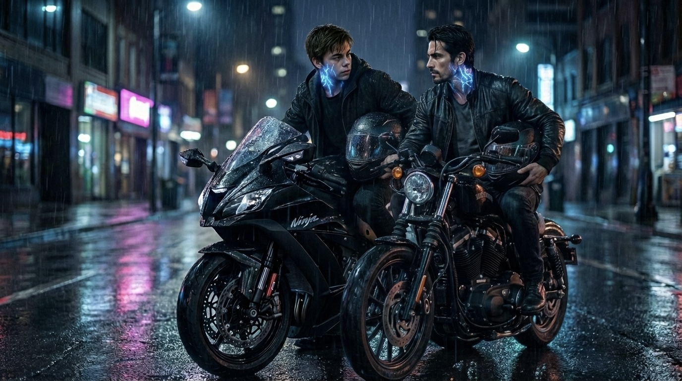 HYBRID BORN — father and son on motorcycles in the rain