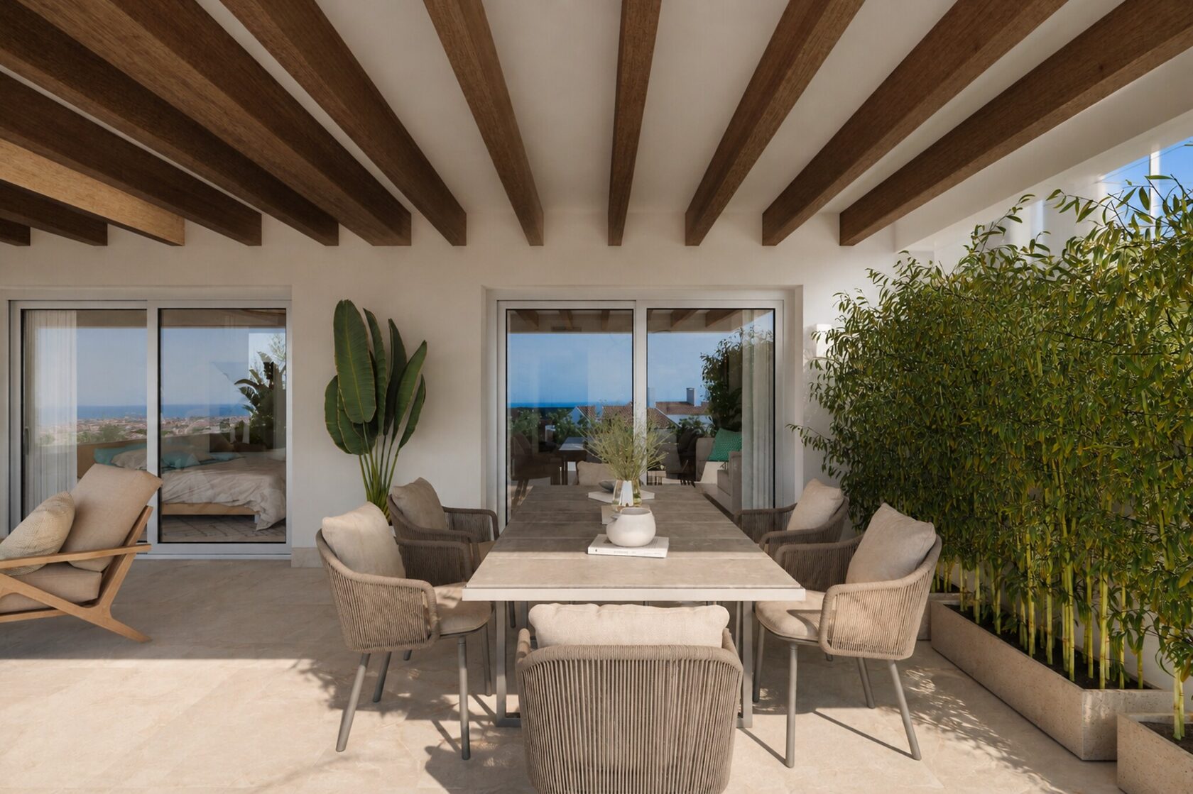 Penthouse terrace laid for dining with mountain and coast view, visualisation