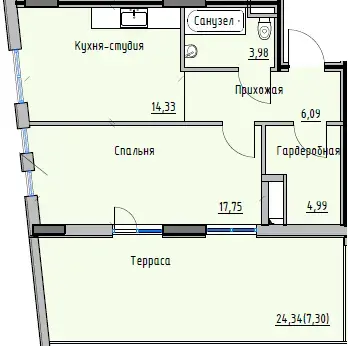 Планировка 2-комнатной квартиры в ЖК Пространство на Раскидайловской — вариант 5