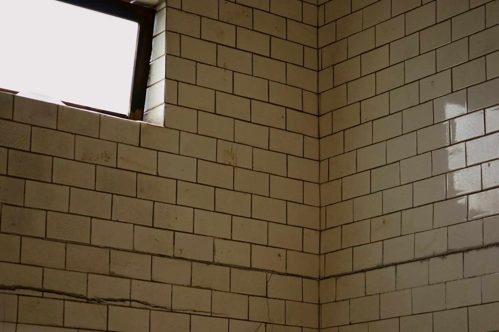 Bathroom before renovation, small tiles, dim