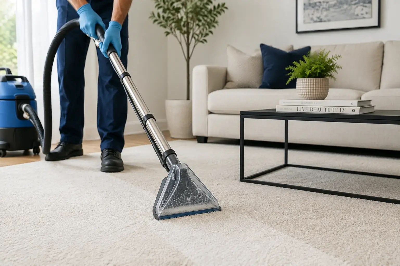 Bright modern living room with freshly cleaned carpet