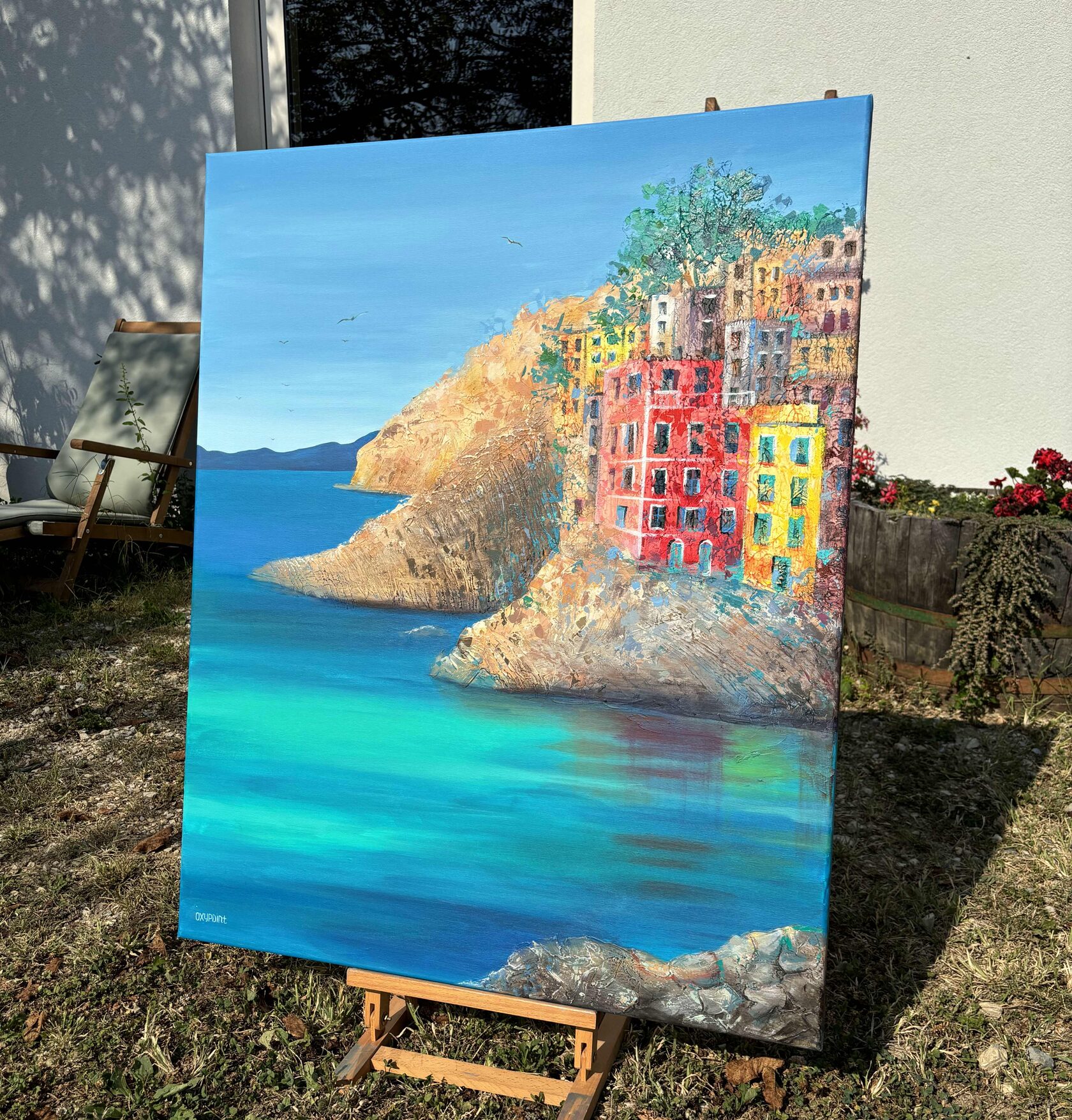 Acrylic painting Riomaggiore, Cinque Terre, mixed media Turquoise Sea, large wall art for sale, buy art from artist, buy original paintings, seascape, stones in the sea, painting for sale Oxana Kravtsova Oxypoint