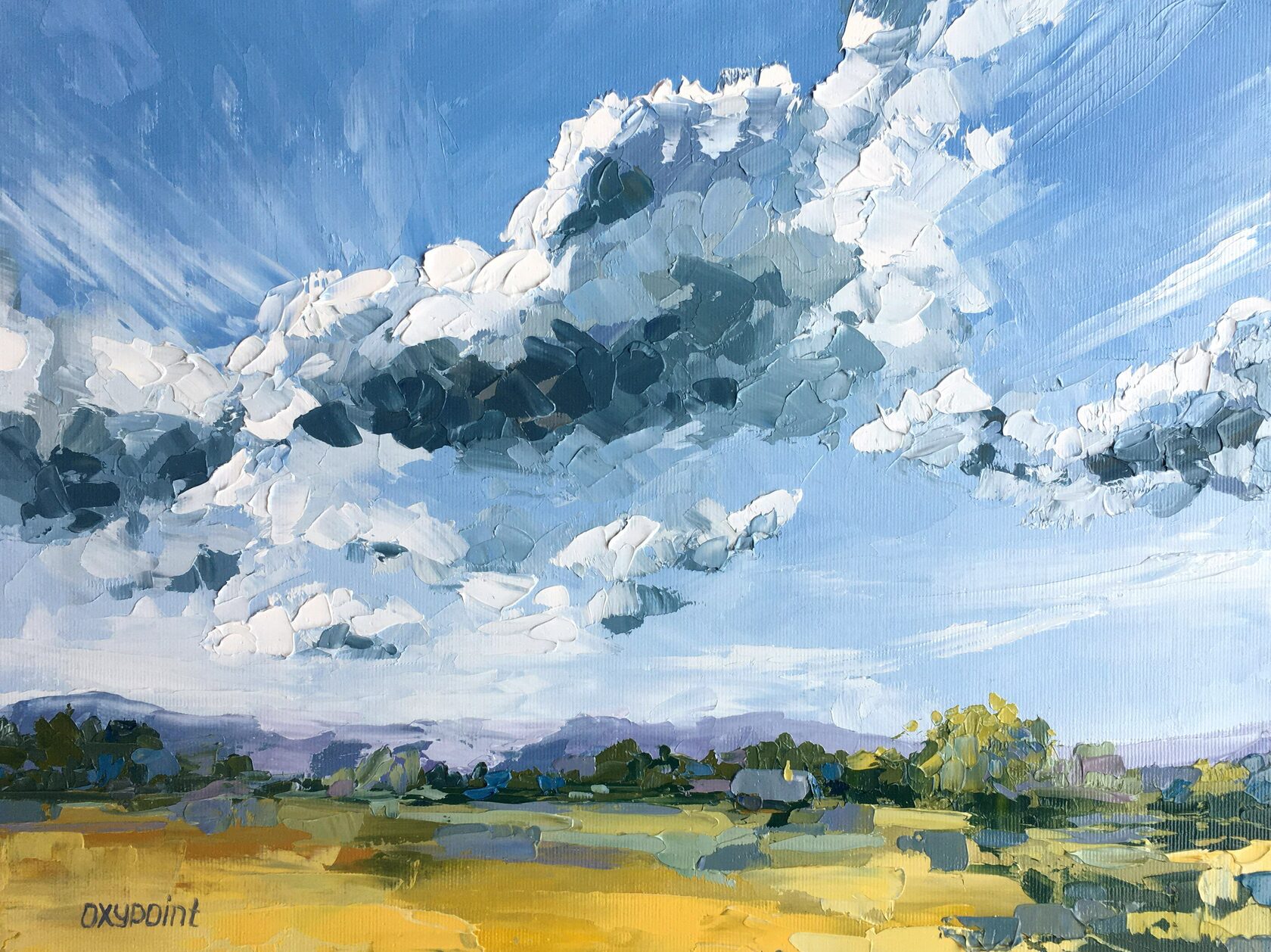 clouds oil painting, rural landscape