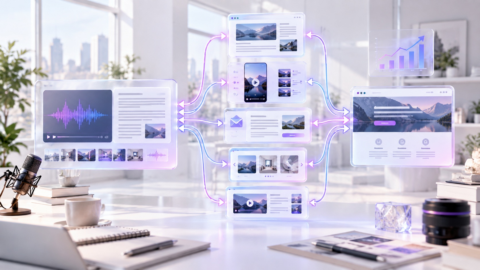 Content repurposing workflow turning an expert interview into article, video, email and social formats