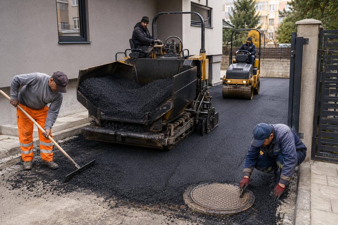 Комбинирано машинно и ръчно асфалтиране на малка площ с валяк