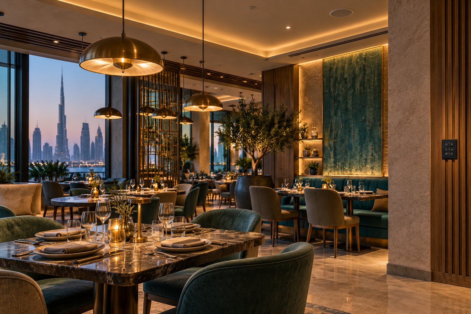 Illustrative restaurant interior showing layered lighting and discreet technology