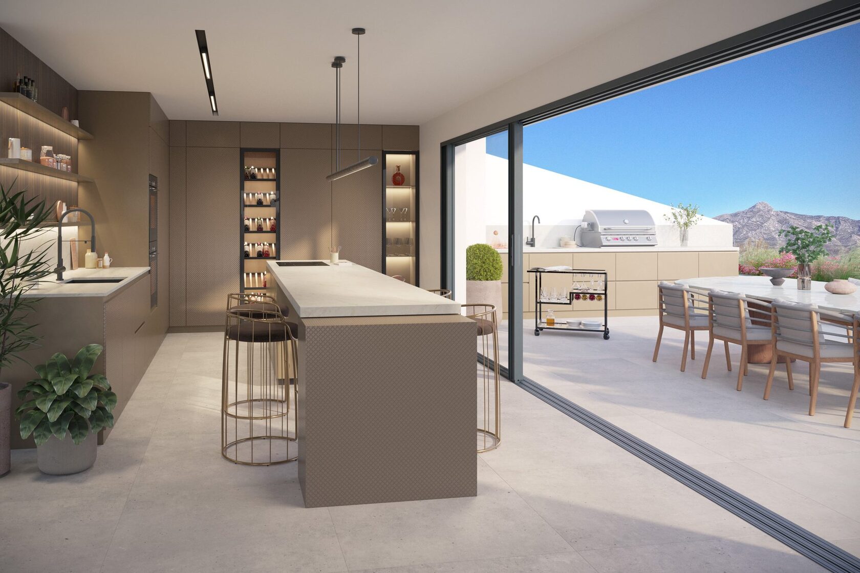 Kitchen island opening onto the terrace