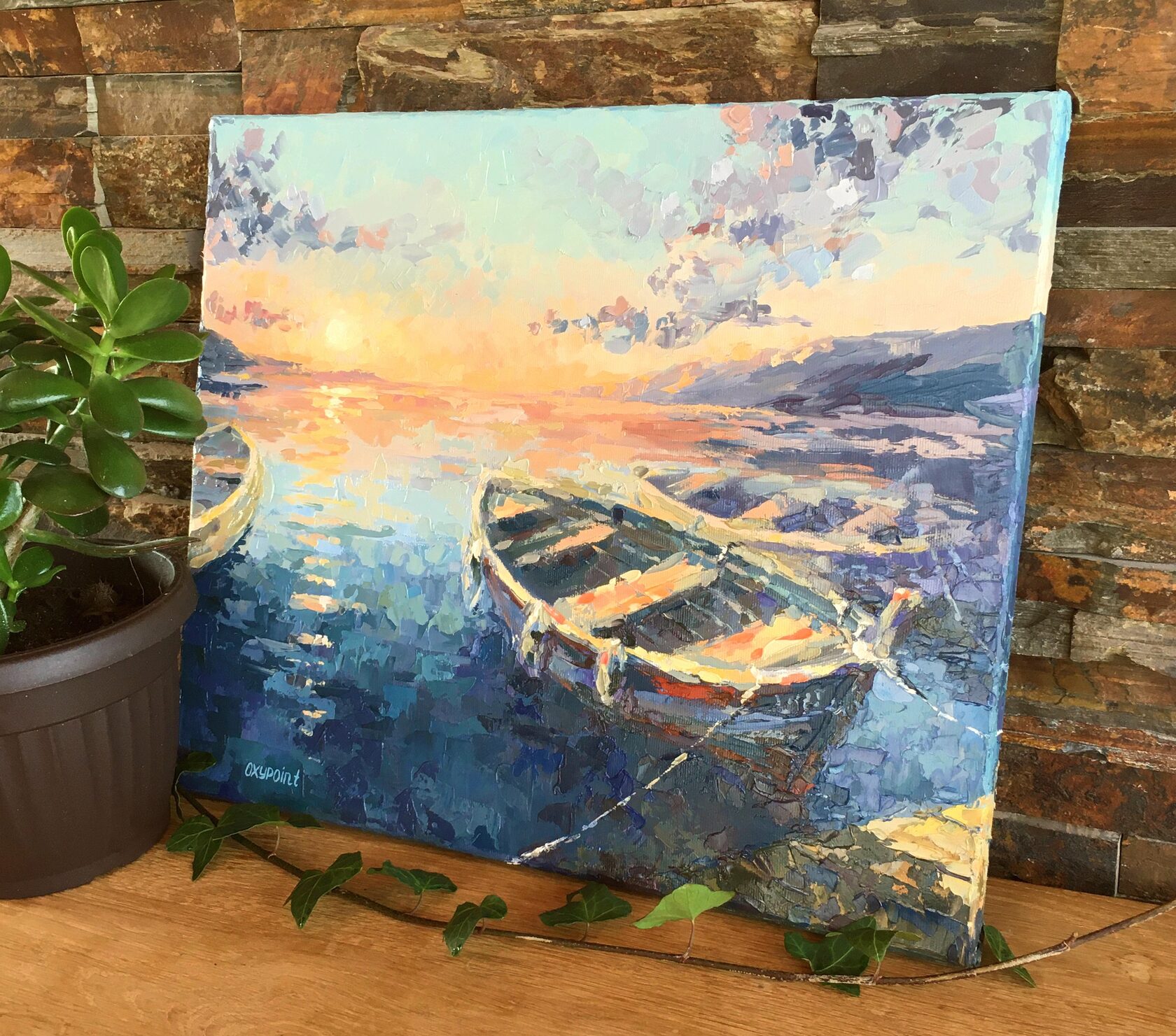 Boats at sunset oil painting