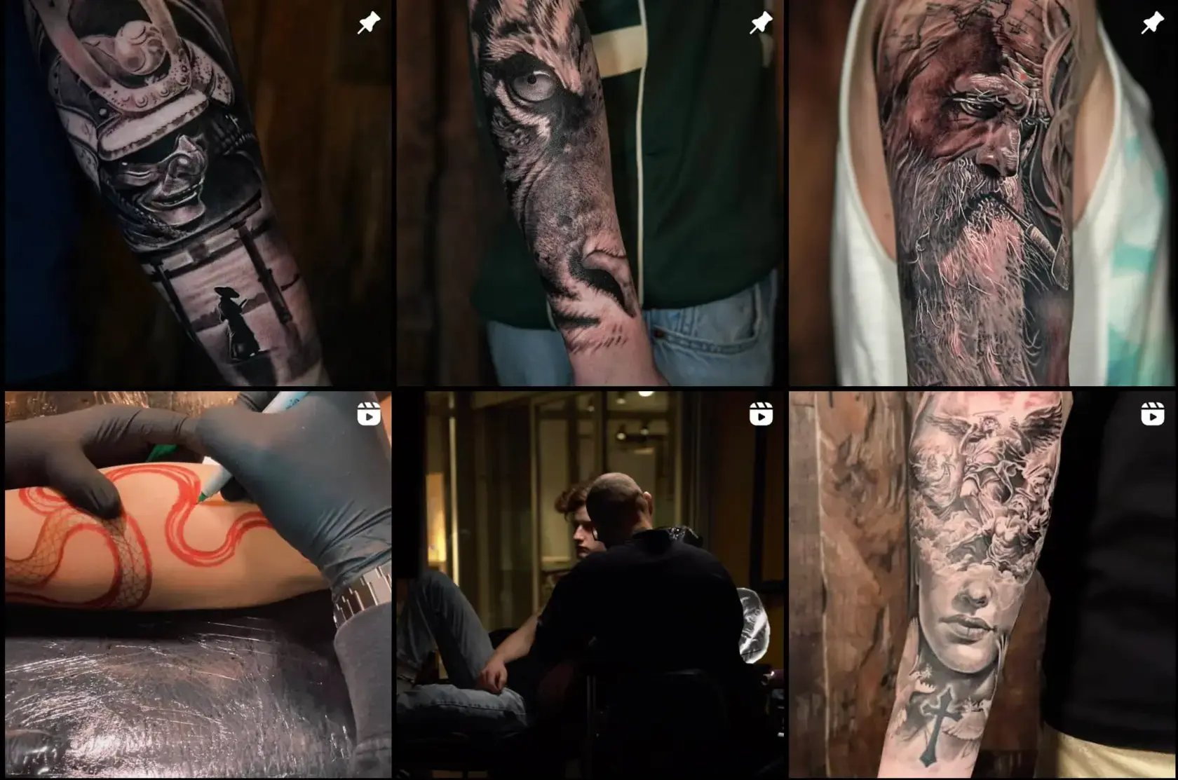 Porteføljekollasj med tatoveringer av LyuboGR: samurai, løve, portretter og større motiver