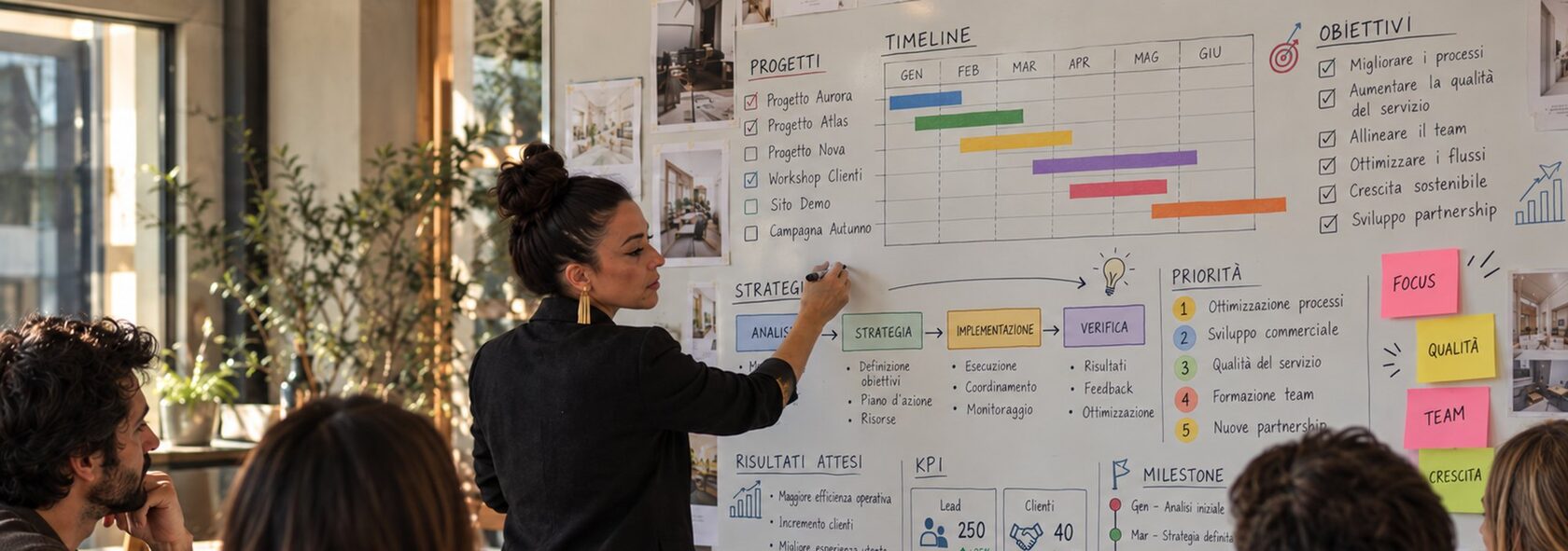 Una lavagna di lavoro davanti a un gruppo riunito: il piano dei progetti mese per mese, lo schema della strategia e le priorità del trimestre