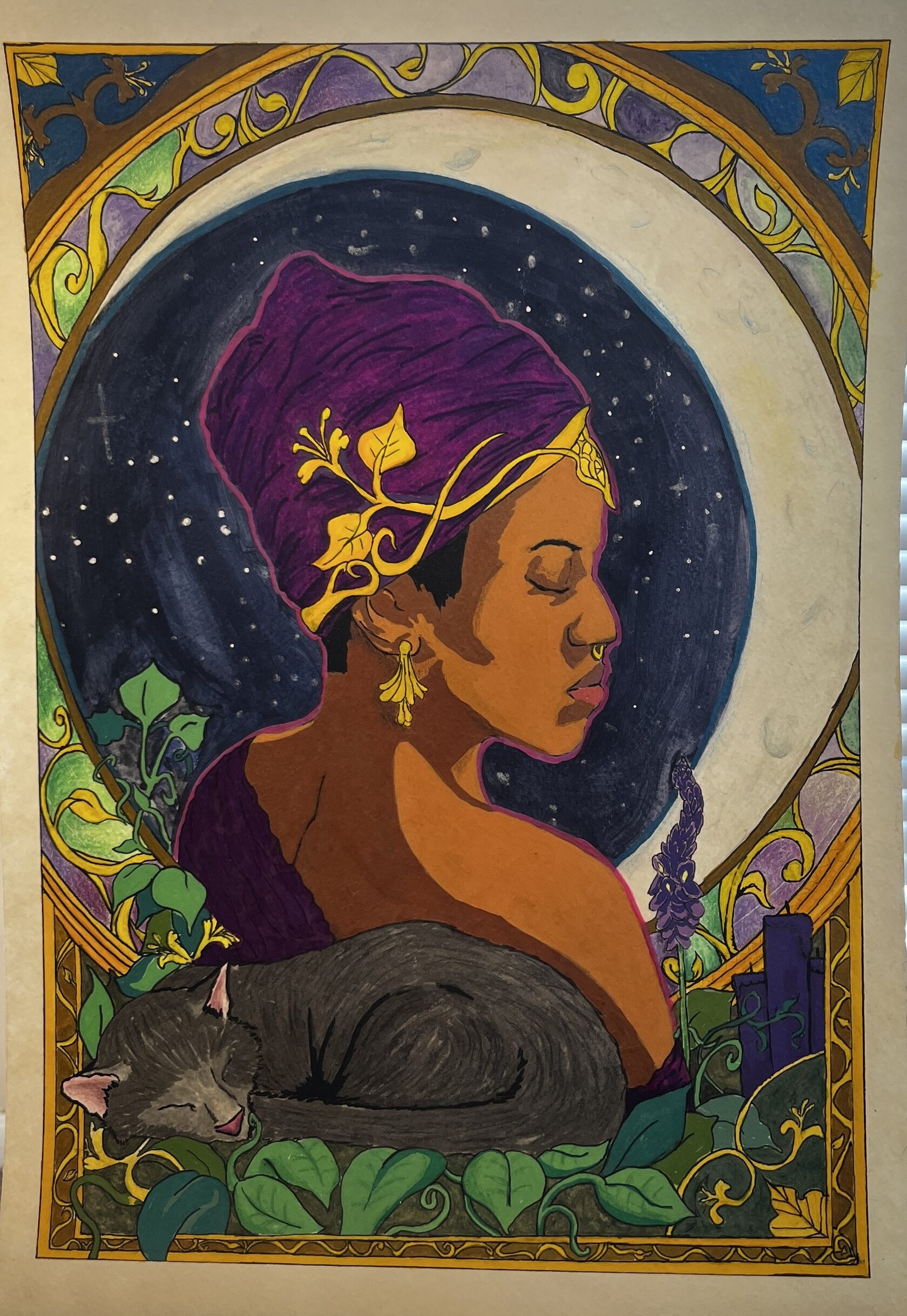 Afterglow in daylight: a portrait beside a crescent moon, foliage, and a resting black cat.