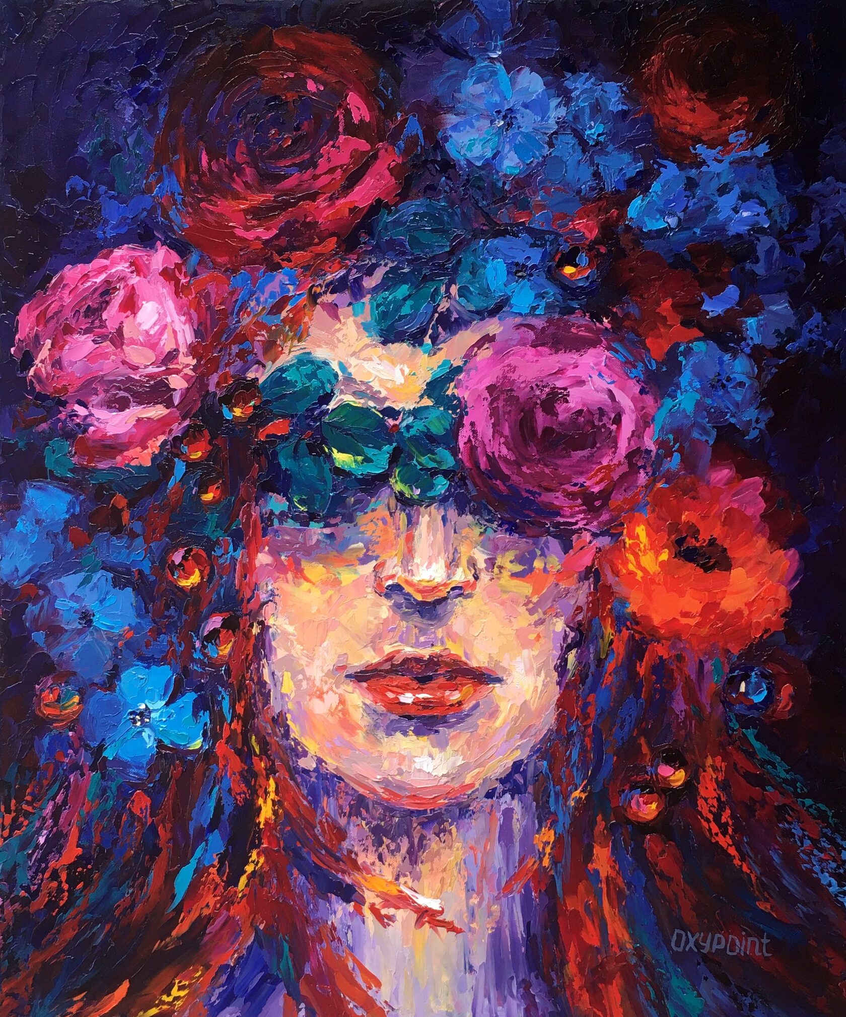 girl with flowers on her head oil painting, contemporary portrait abstract art, flower knife painting, artist OXYPOINT Oxana Kravtsova, painting for sale 