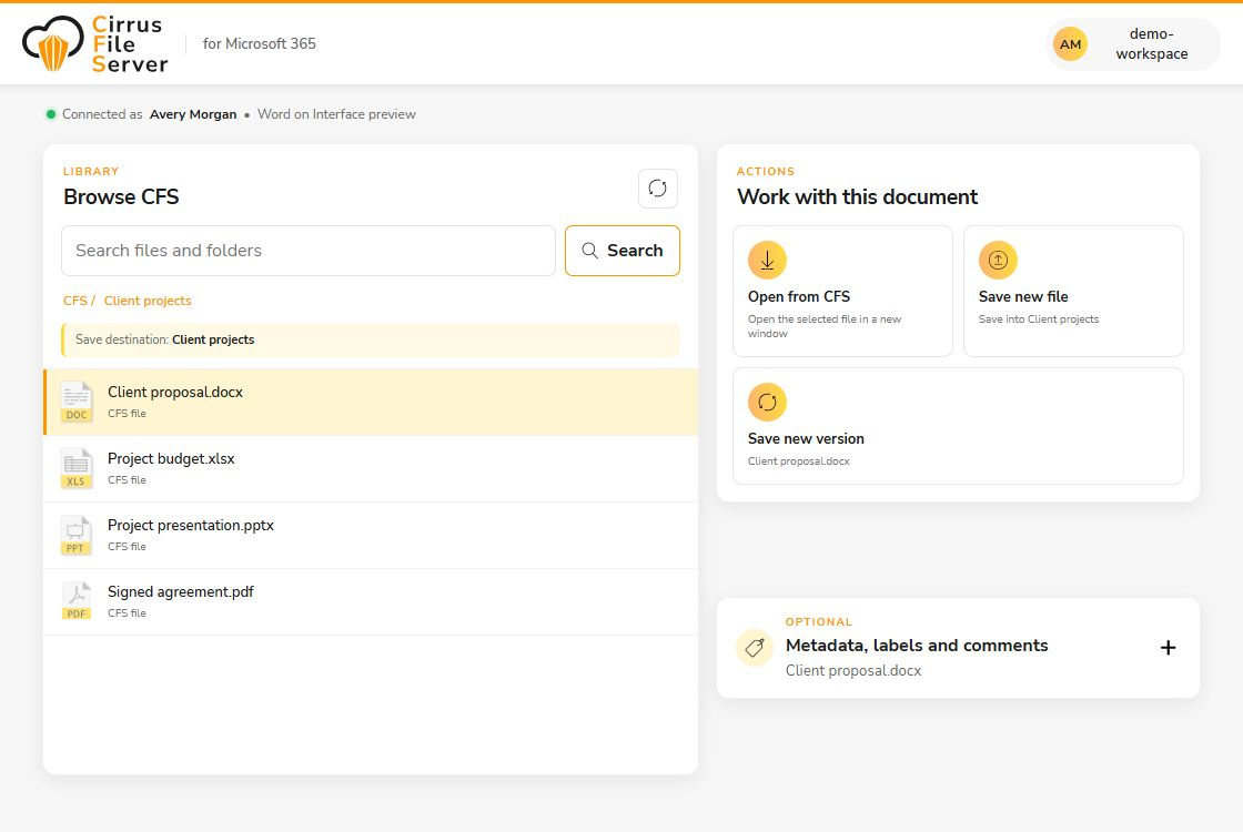 CFS for Office interface showing a selected Word document, folder browsing, and open, save new file, and save new version actions.