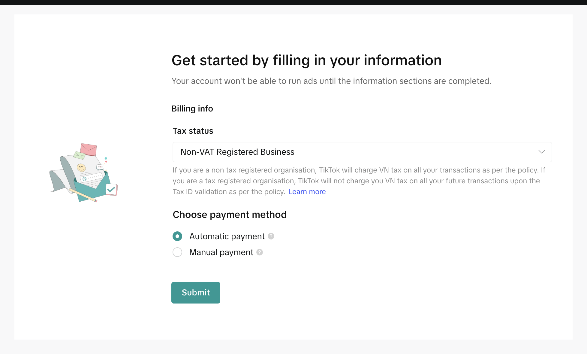 Налоговый статус и способ оплаты в настройках кабинета TikTok Ads Manager