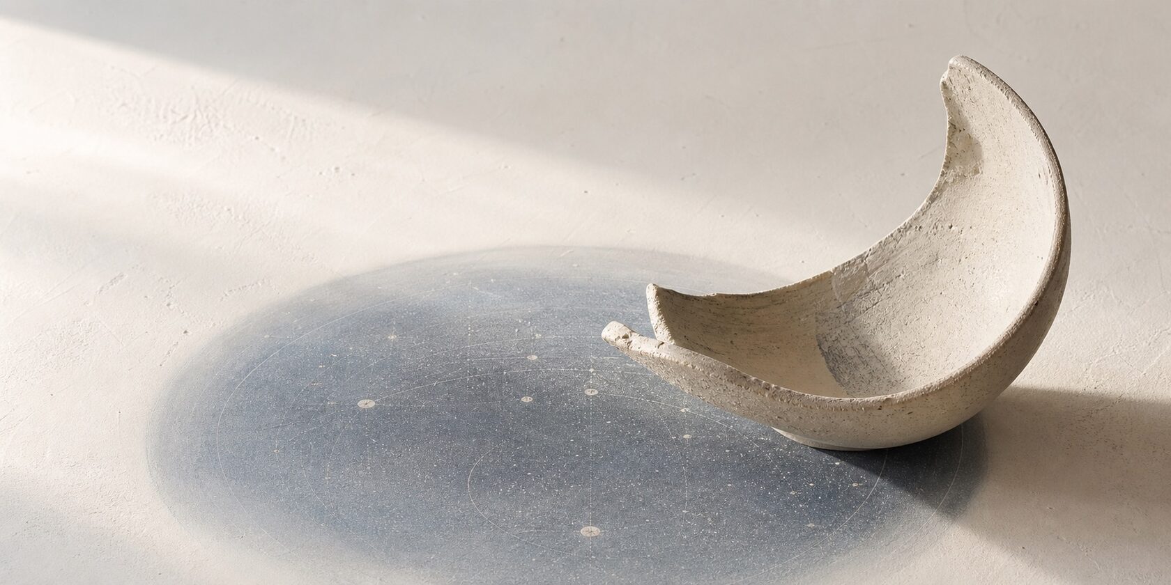 A quiet ceramic form on a warm stone surface with a muted blue-grey circular shadow.