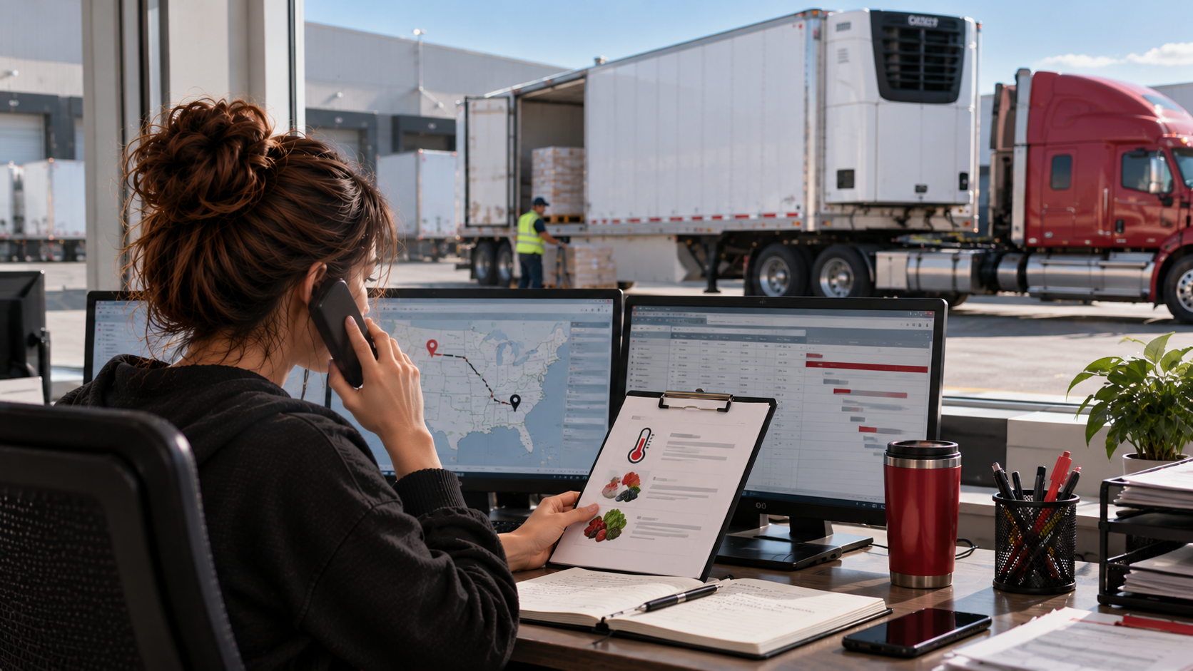 A dispatcher coordinating a refrigerated trailer load with a reefer unit visible, checking appointment and temperature instruction cards
