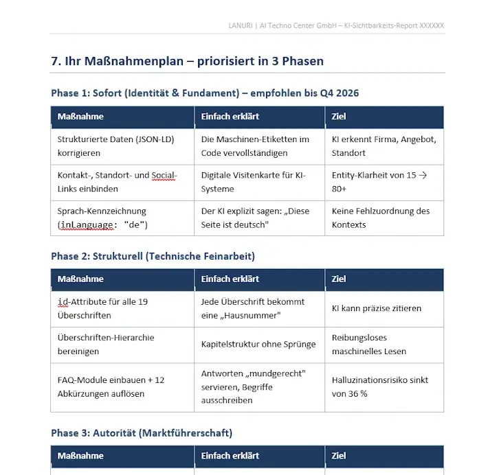 Anonymisierter Maßnahmenplan aus einem realen KI-Sichtbarkeits-Report