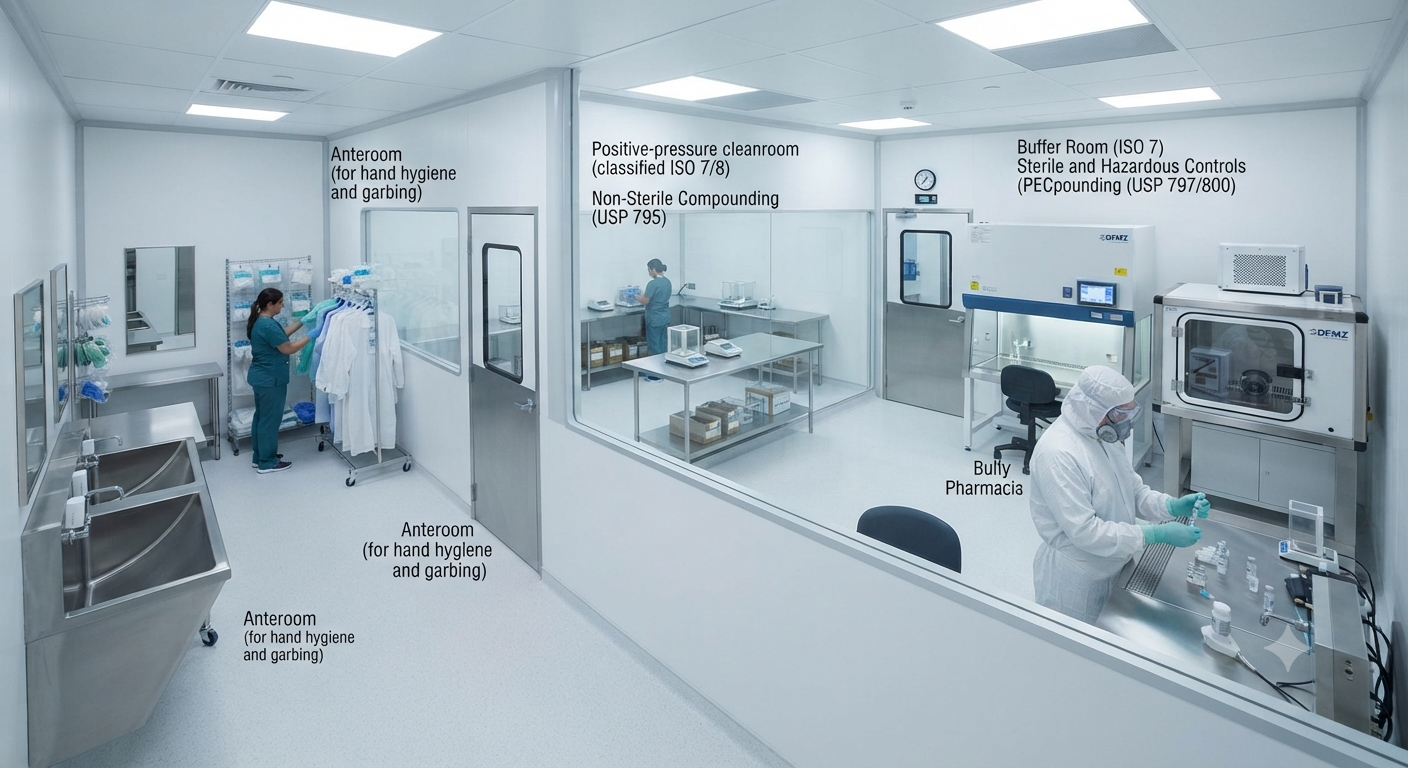 Cleanroom facility layout showing anterooms, non-sterile compounding area, and a buffer room with sterile and hazardous drug controls