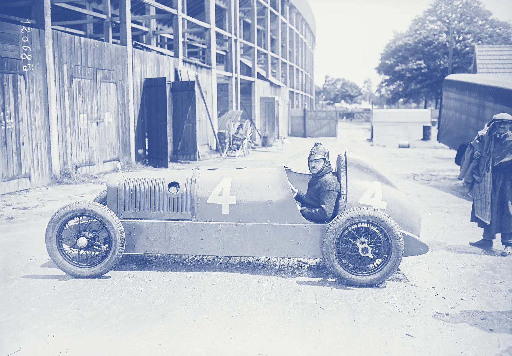 Archive photograph of racing driver André Boillot in a Peugeot racing car at Montlhéry, 1927