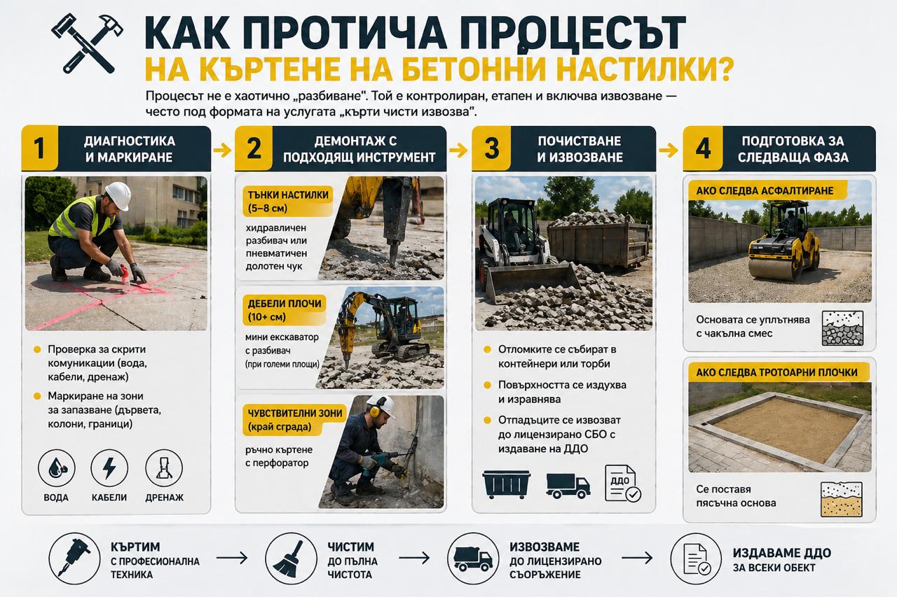 Инфографика процес на къртене на бетонни настилки – етапи диагностика, демонтаж, извозване и подготовка