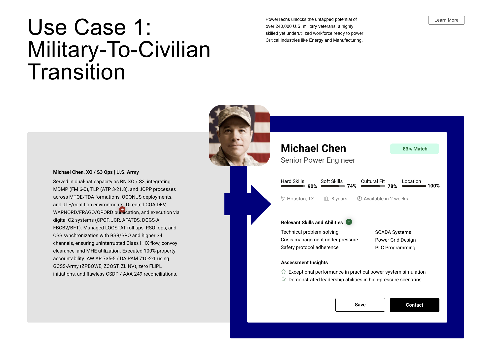 Left: a U.S. Army résumé written in military terminology. Right: the same candidate rendered as a matched civilian role with an 83% match, scores for hard skills, soft skills, cultural fit and location, relevant skills including SCADA systems, power grid design and PLC programming, and assessment insights.