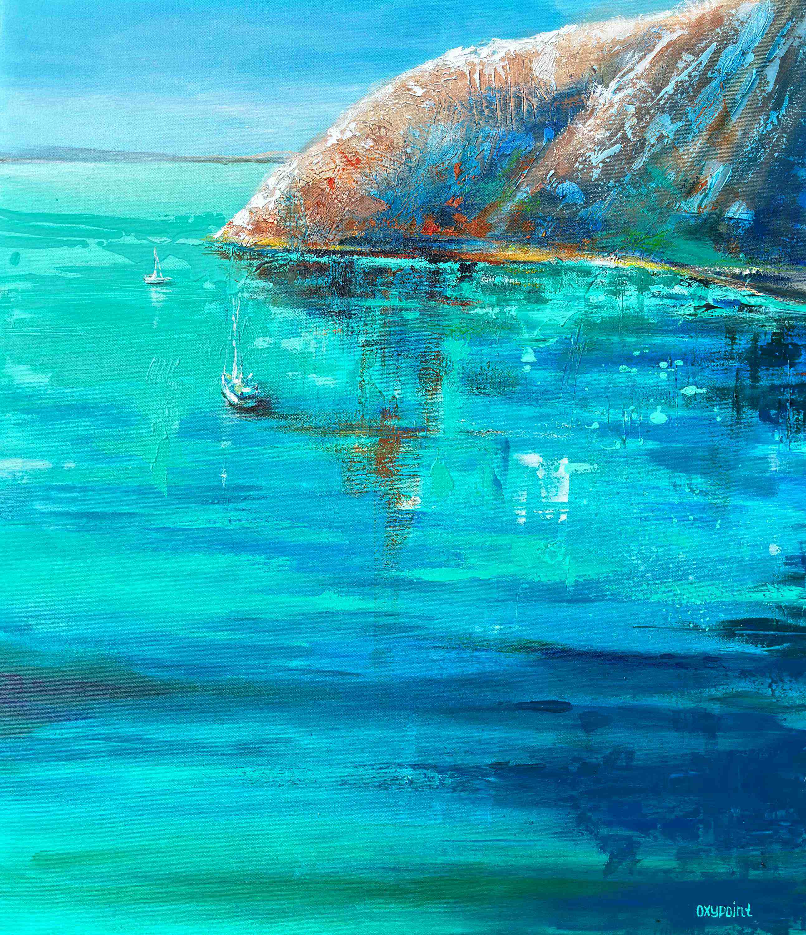 Acrylic painting of the sea, mixed media, turquoise sea, sailboat, rock and sea, waves, seascape, painting for sale Oxana Kravtsova Oxypoint