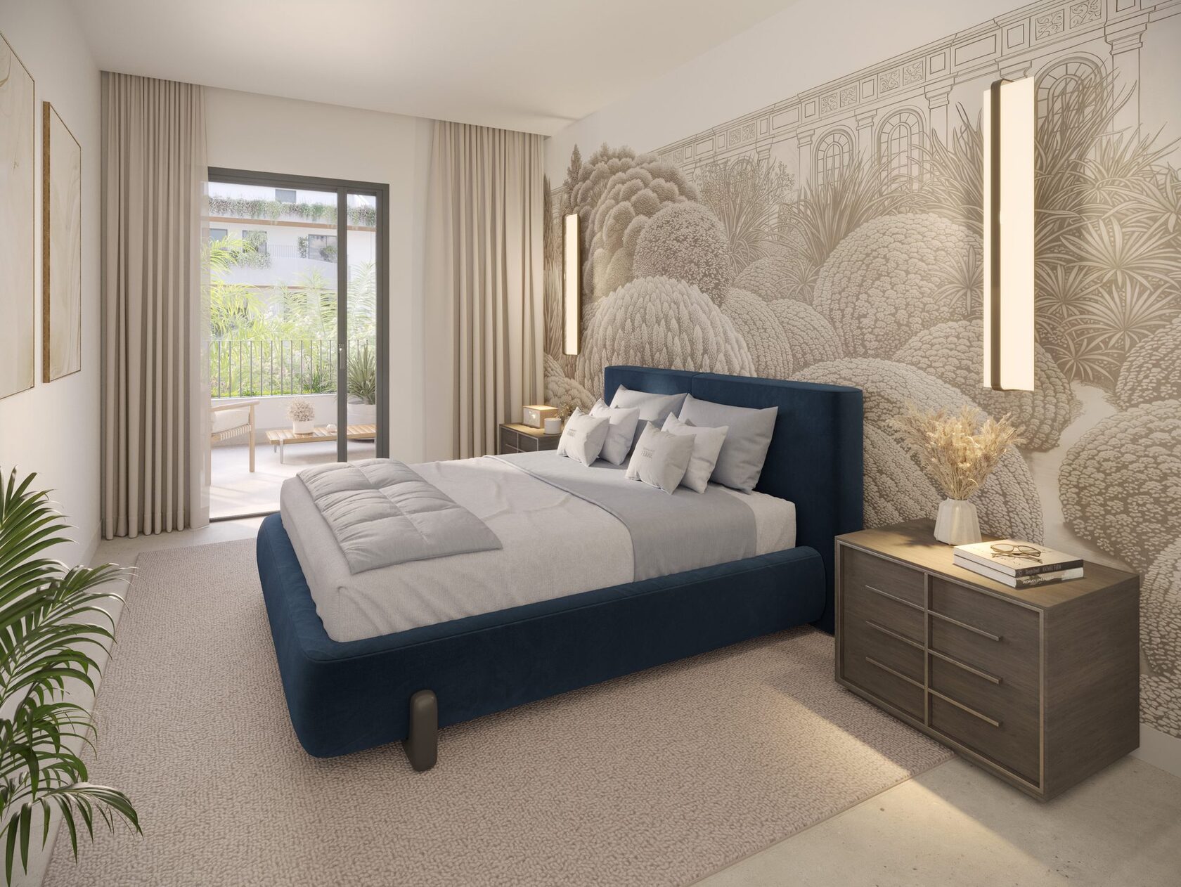Bedroom with a botanical mural