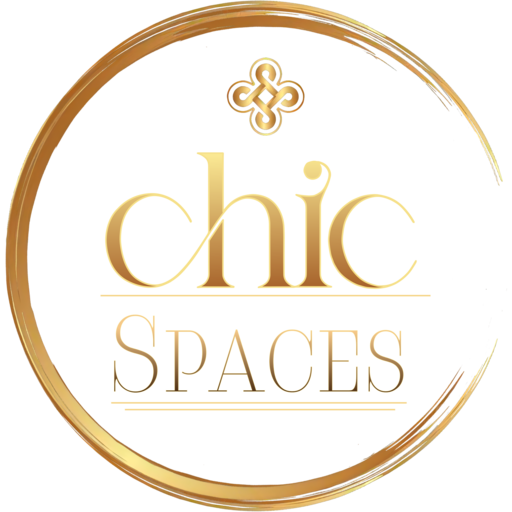 Elegant gold and black CHIC Spaces logo featuring a unique monogram inside a golden circle, emphasizing luxury interior and exterior design studio services.