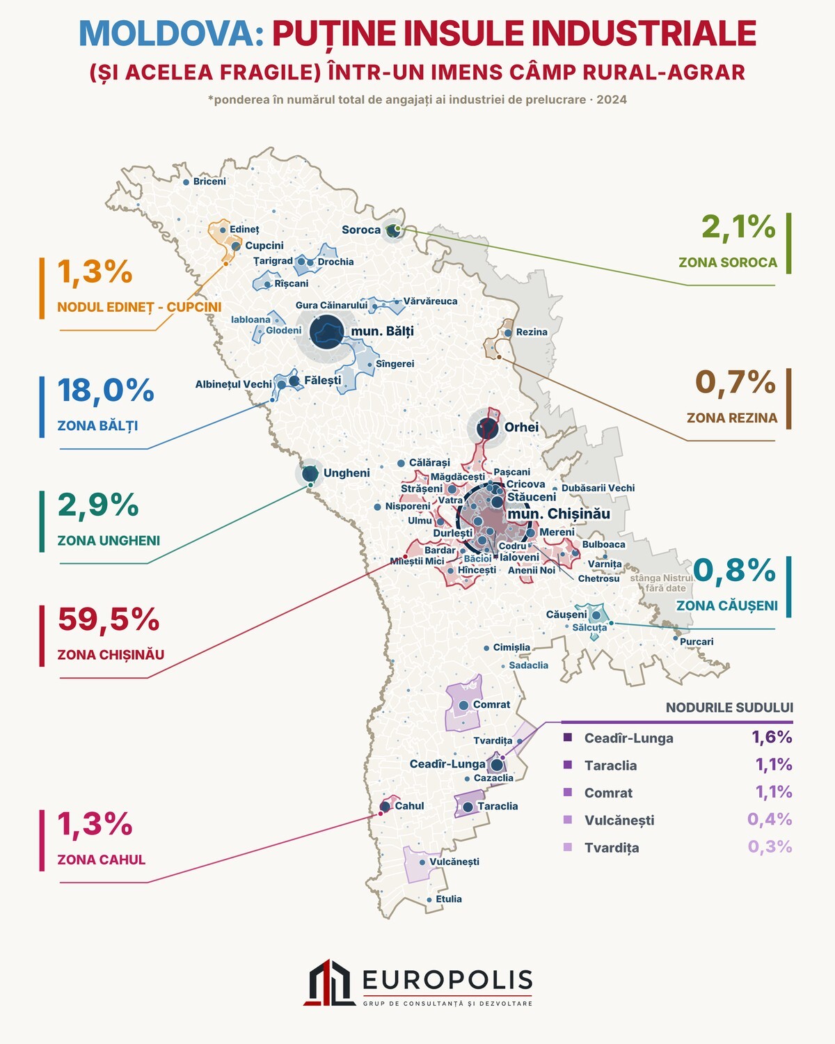 Hartă: industria prelucrătoare a Moldovei, ponderea zonelor în totalul angajaților, 2024