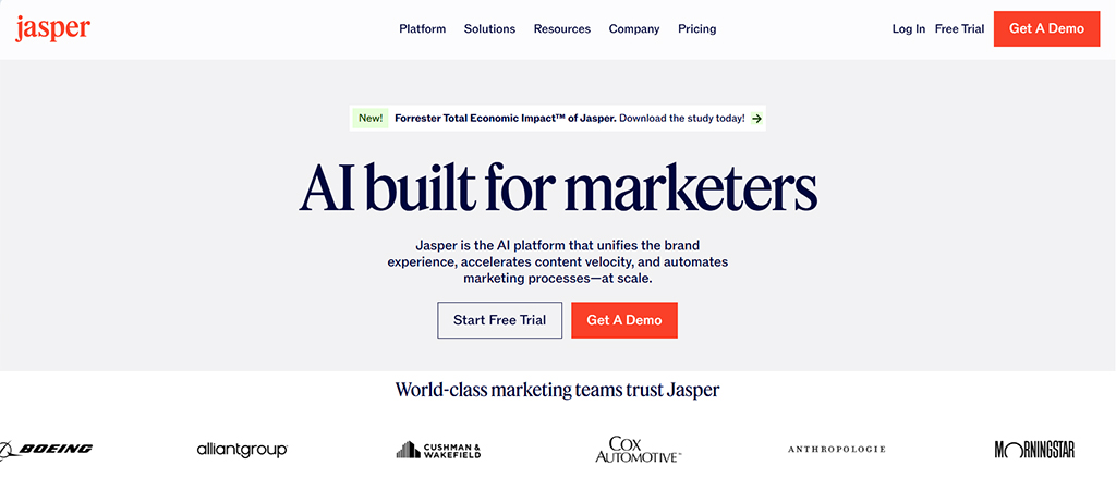 SaaS landing page example — Jasper.