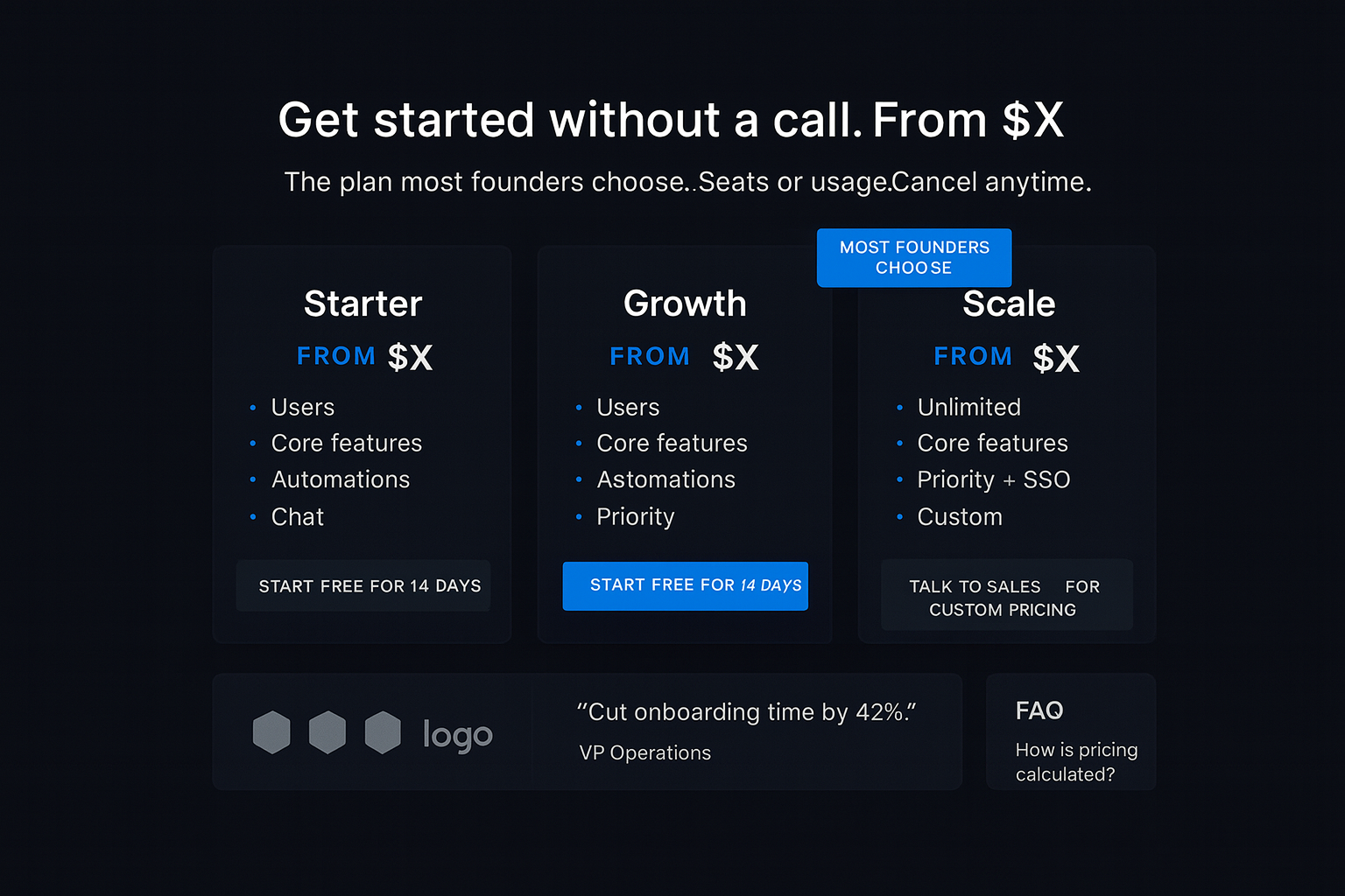 Clean SaaS pricing page mock with one hero plan and from $X
