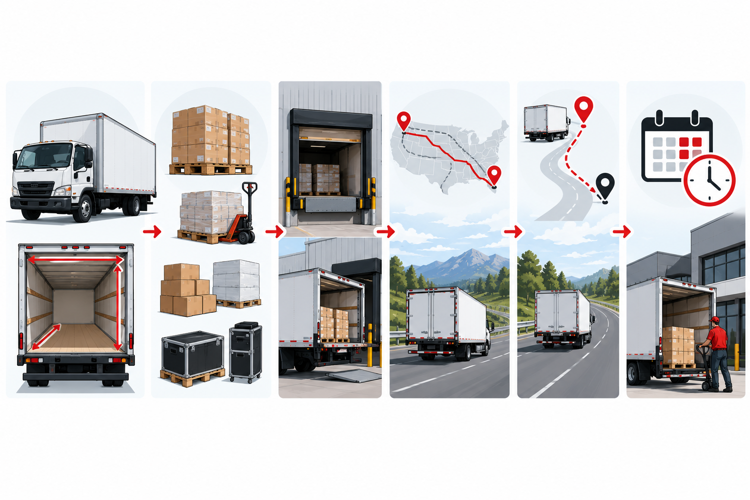 Box-truck fit checklist covering dimensions, payload, dock requirements, route, deadhead and appointment timing